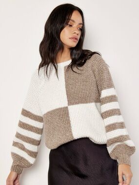 Altar'd State White and Taupe Colorblock Striped Crewneck Sweater